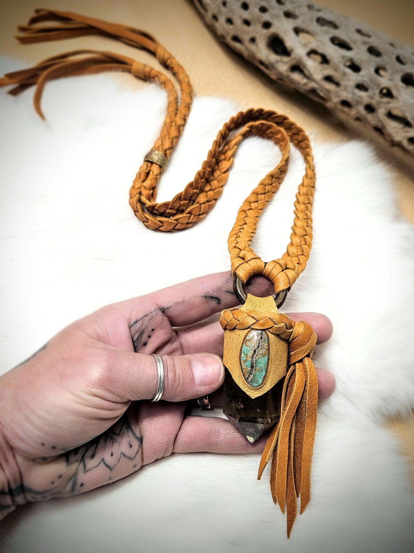 Kingman Turquoise & Smoky Quartz Tassel Pendant