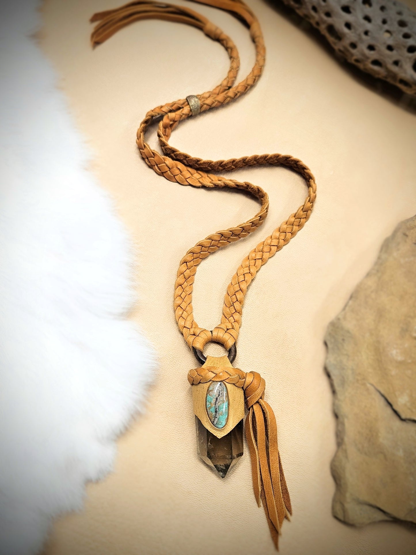 Kingman Turquoise & Smoky Quartz Tassel Pendant